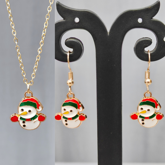 Mini Happy Snowman Golden Christmas Pendant Set (Necklace & Earrings)