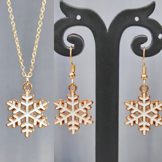 Spiky Snowflake Golden Christmas Pendant Set (Necklace & Earrings)