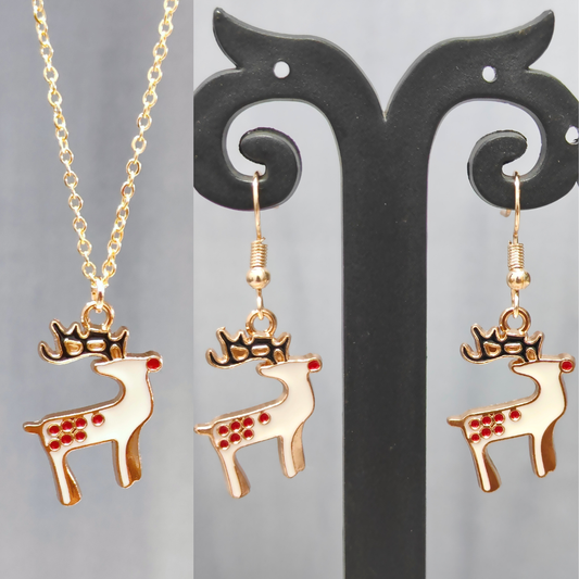 Spotted Reindeer Golden Christmas Pendant Set (Necklace & Earrings)