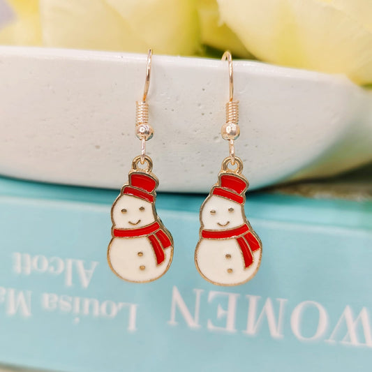 Mini Smiling Snowman Rose Golden Christmas Earrings