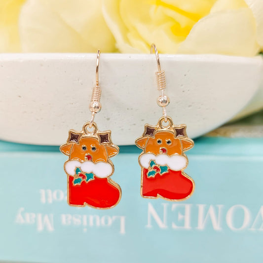 Cute Reindeer Sock Rose Golden Christmas Earrings
