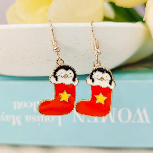 Cute Penguin Stocking Rose Golden Christmas Earrings