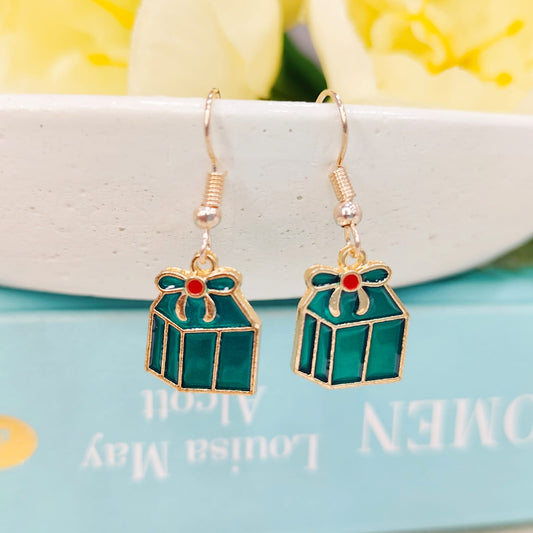 Green Mini Giftbox Rose Golden Christmas Earrings