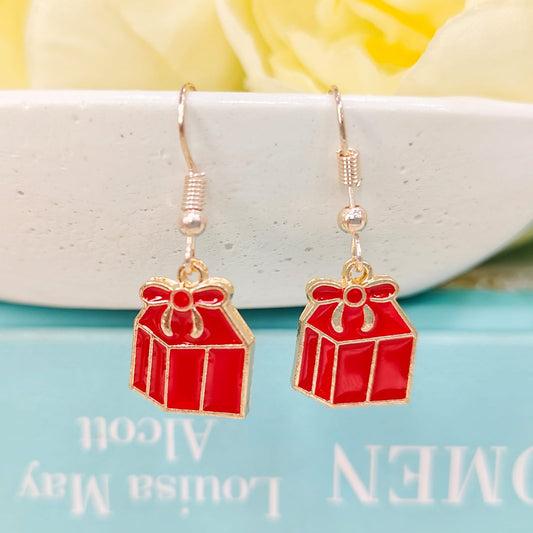Red Mini Giftbox Rose Golden Christmas Earrings