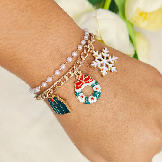 Rose Golden Three Charms Combo Christmas 2-Layer Bracelet (Design 6A)