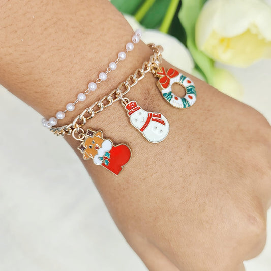 Rose Golden Three Charms Combo Christmas 2-Layer Bracelet (Design 5A)