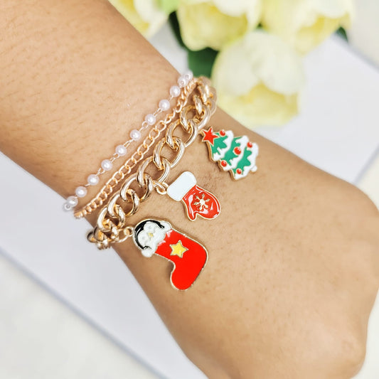 Rose Golden Three Charms Combo Christmas 3-Layer Bracelet (Design 9B)