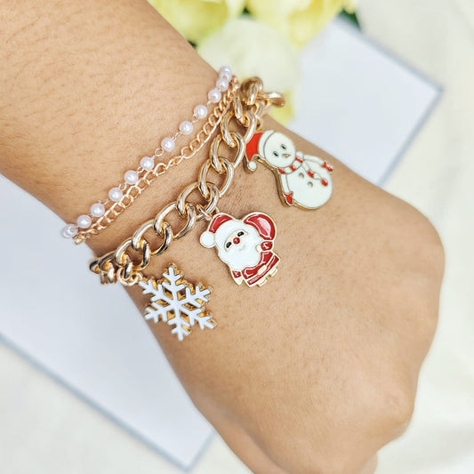 Rose Golden Three Charms Combo Christmas 3-Layer Bracelet (Design 10B)
