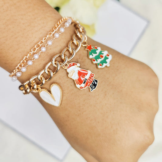 Rose Golden Three Charms Combo Christmas 3-Layer Bracelet (Design 1B)