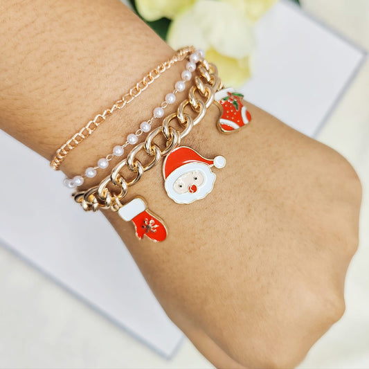 Rose Golden Three Charms Combo Christmas 3-Layer Bracelet (Design 12B)