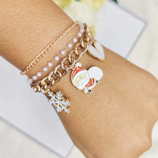 Rose Golden Three Charms Combo Christmas 3-Layer Bracelet (Design 11B)
