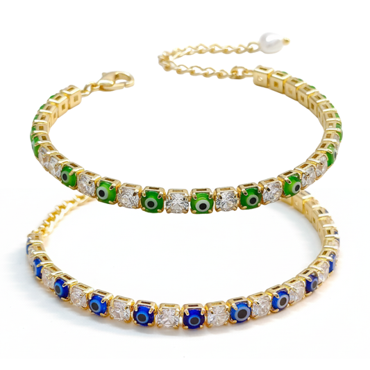 Dark Blue & Green Evil Eye American Diamond Tennis Bracelets for Women (Pack of 2)