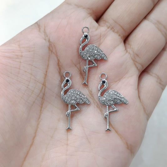 Luxury Studded Silver Flamingo Metal Charms