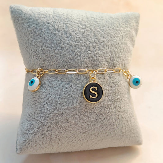 Personalized Initial Coin & Mini Evil Eye Paperclip Bracelet for Women & Kids