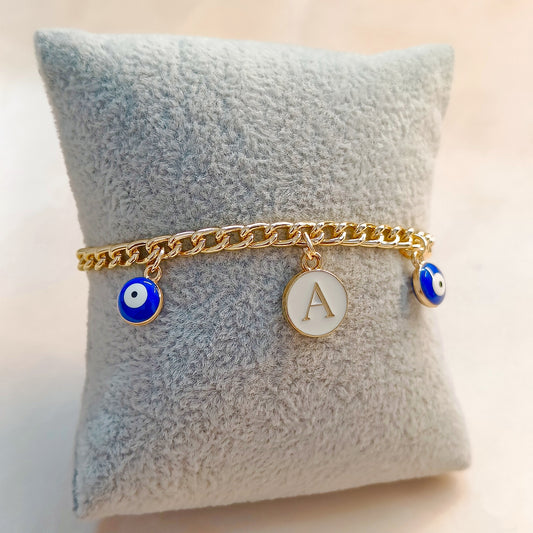 Personalized Initial Coin & Mini Evil Eye Bracelet for Women & Kids