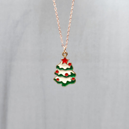 Snowy Xmas Tree Rose Golden Christmas Pendant Set (Necklace & Earrings)