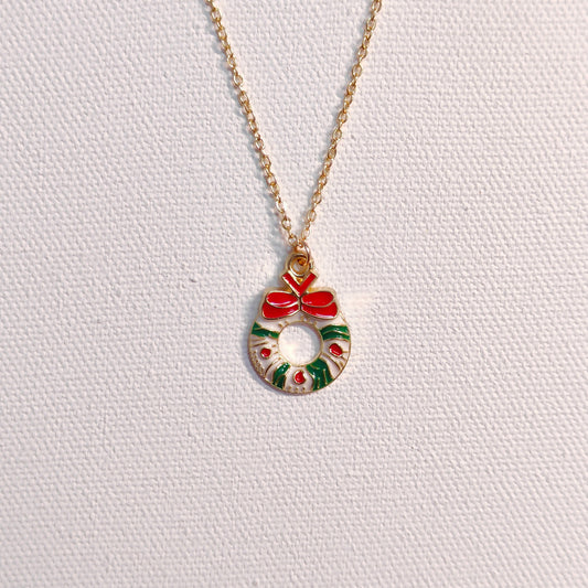 Wreath Golden Christmas Charm Necklace