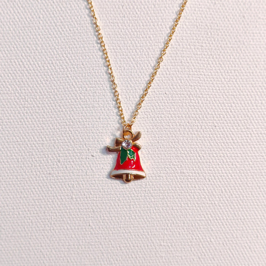 Studded Jingle Bell Golden Christmas Charm Necklace