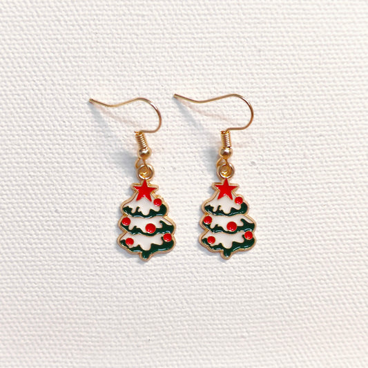 Snowy Xmas Tree Golden Christmas Earrings