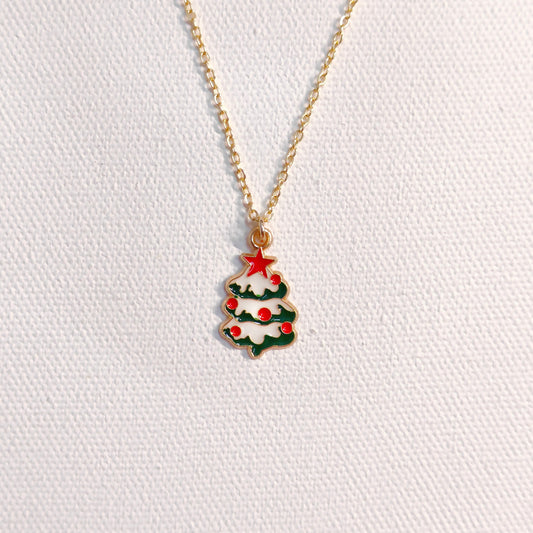 Snowy Xmas Tree Golden Christmas Charm Necklace
