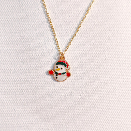 Mini Happy Snowman Golden Christmas Charm Necklace