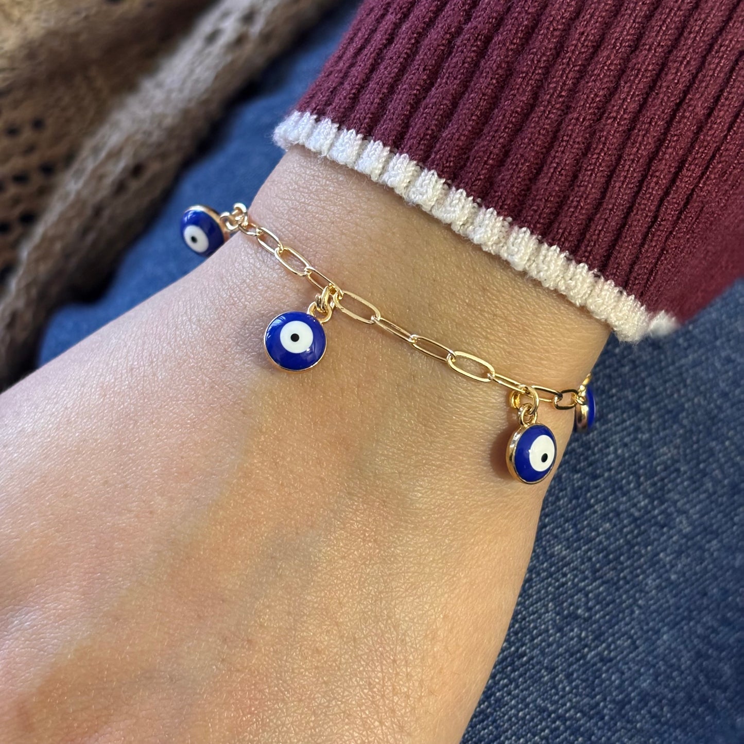 Paperclip Five Evil Eye Charm Bracelet for Women