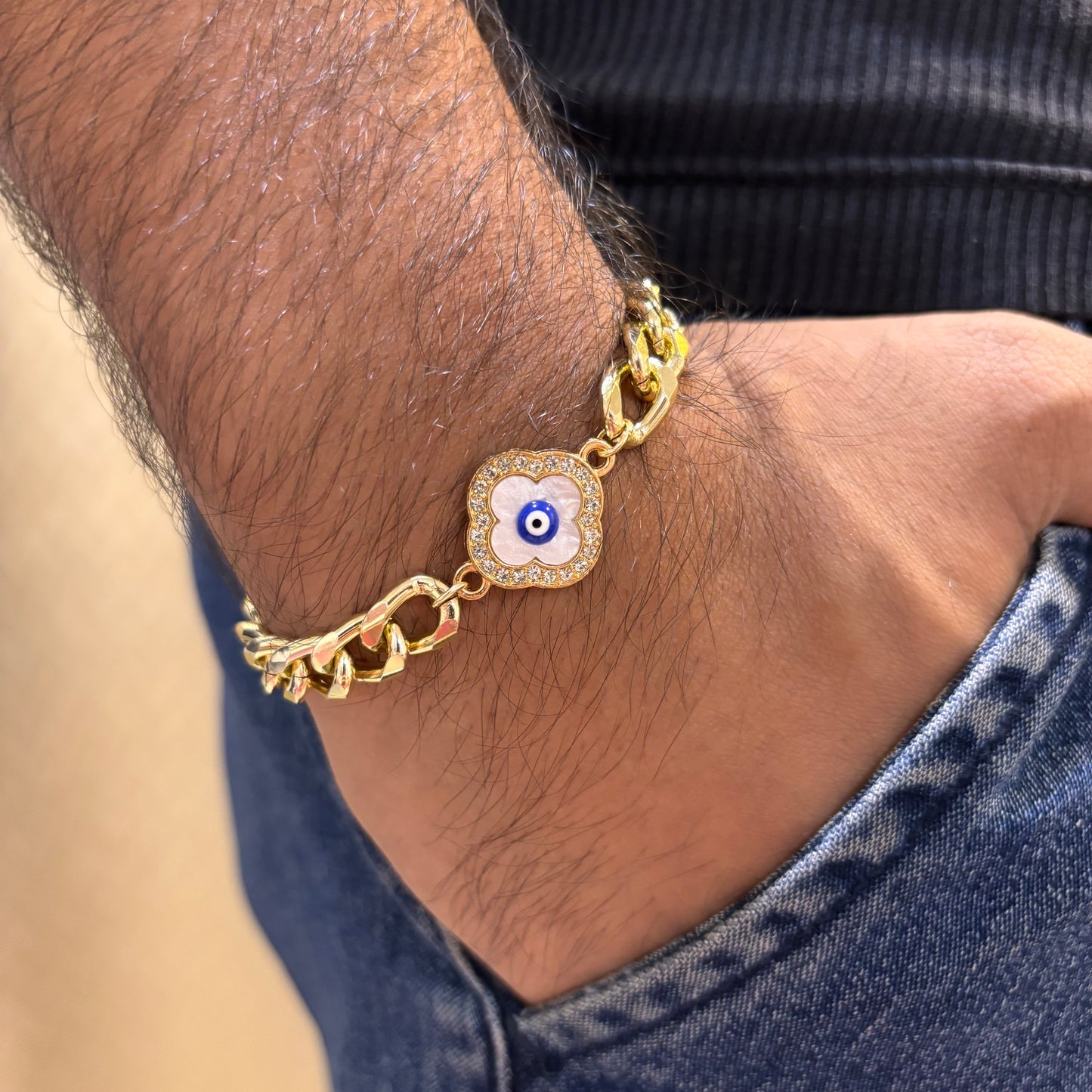 Chunky Curb Clover Evil Eye Bracelet for Men