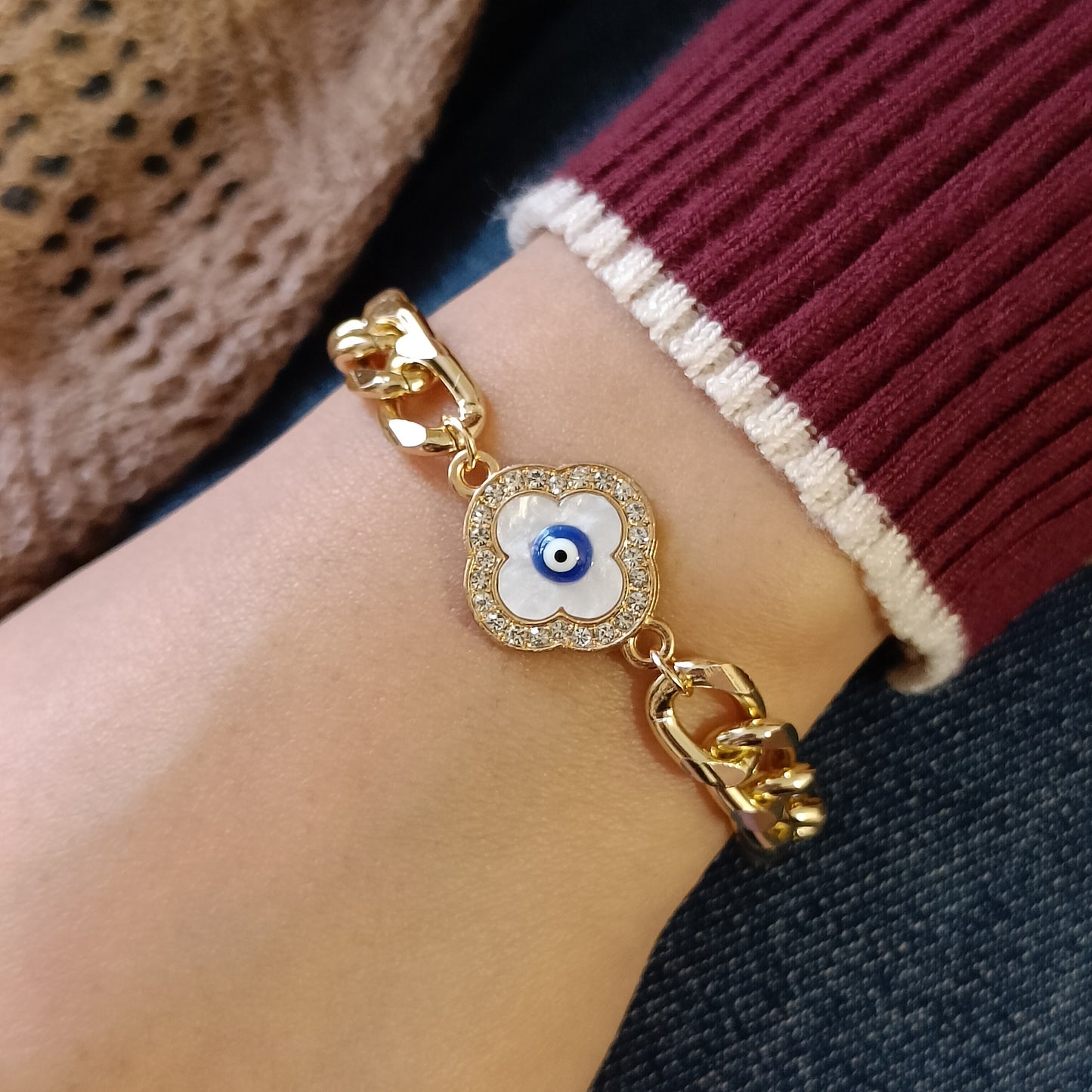 Chunky Curb Clover Evil Eye Bracelet for Women