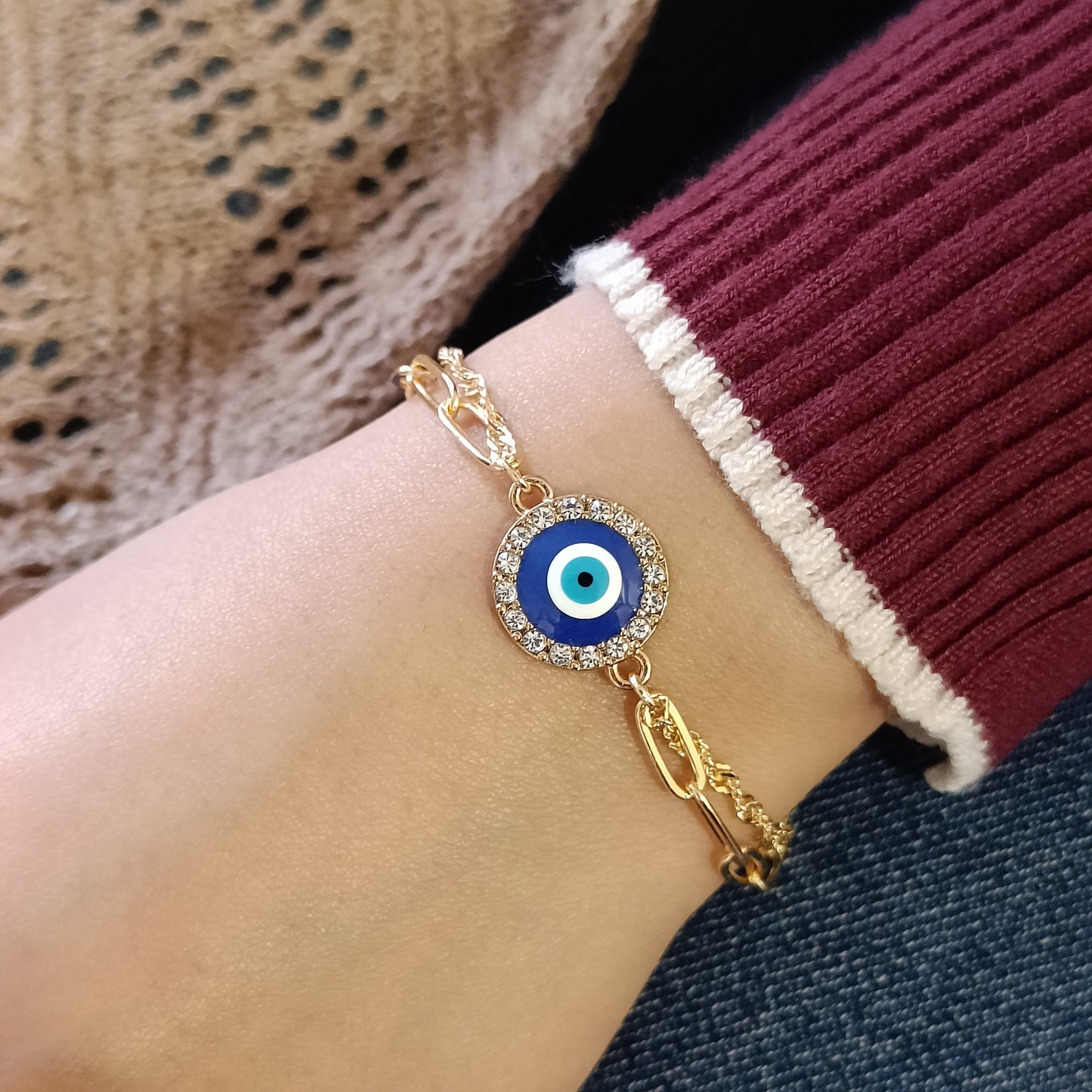 Paperclip & Twisted Chain Evil Eye Bracelet for Women
