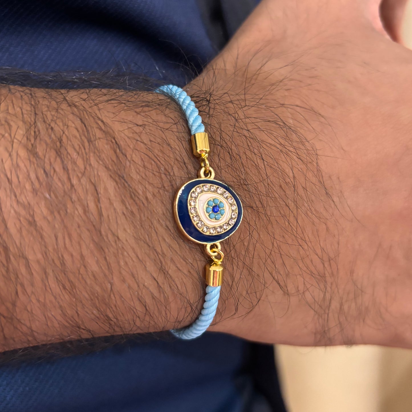 Evil Eye Sky Blue Nylon Slider Bracelet for Men
