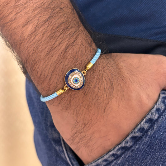 Evil Eye Sky Blue Nylon Slider Bracelet for Men
