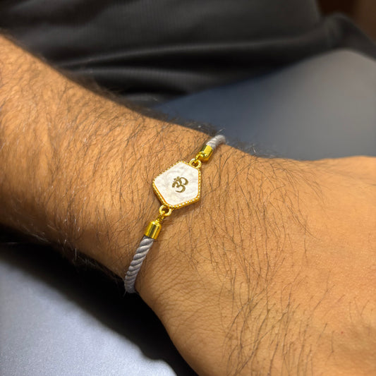 Pearl-Finish Om Grey Nylon Slider Bracelet for Men