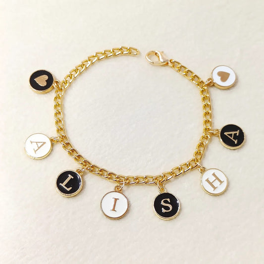 Personalized Black & White Initials & Heart Coins Name Bracelet