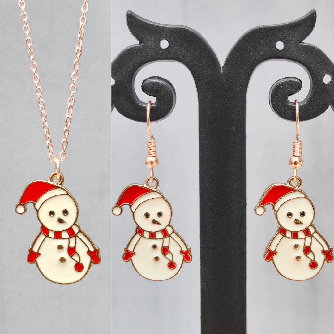 Chonky Snowman Rose Golden Christmas Pendant Set (Necklace & Earrings)