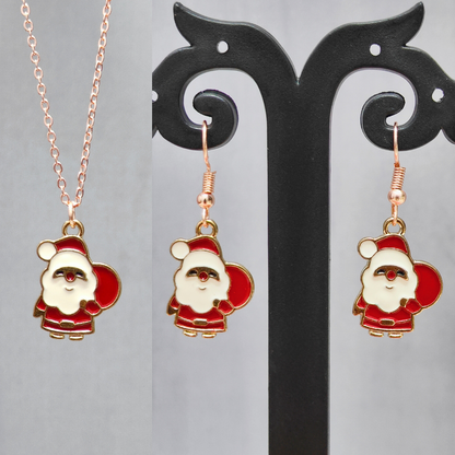 Cute Mini Santa Claus Rose Golden Christmas Pendant Set (Necklace & Earrings)