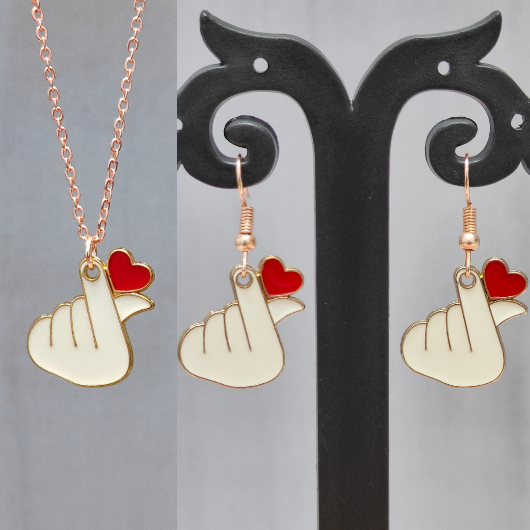 Finger-Heart Saranghae Rose Golden Christmas Pendant Set (Necklace & Earrings)