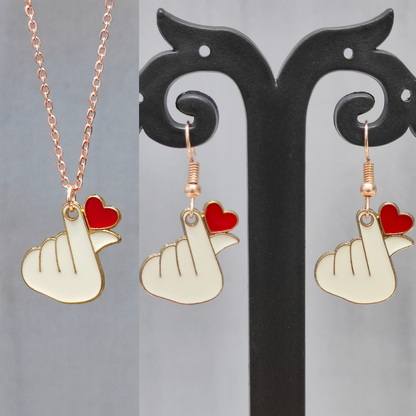 Finger-Heart Saranghae Rose Golden Christmas Pendant Set (Necklace & Earrings)