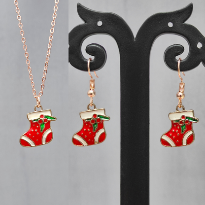 Mini Xmas Sock Rose Golden Christmas Pendant Set (Necklace & Earrings)
