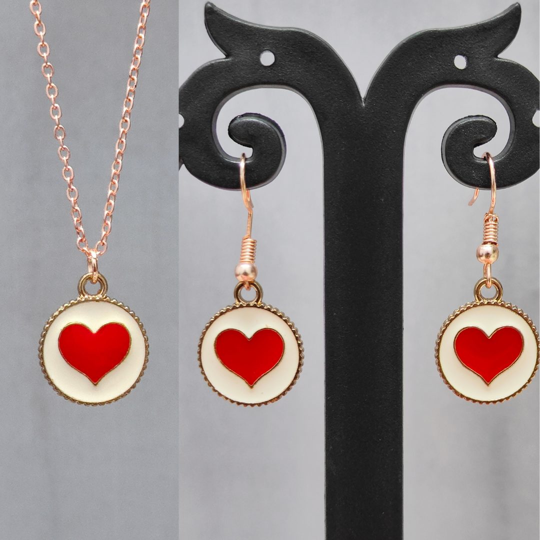 Red Heart Coin Rose Golden Christmas Pendant Set (Necklace & Earrings)
