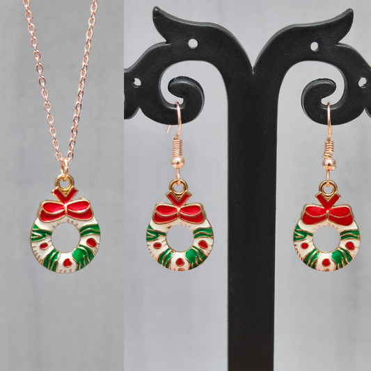 Wreath Rose Golden Christmas Pendant Set (Necklace & Earrings)