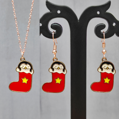Cute Penguin Stocking Rose Golden Christmas Pendant Set (Necklace & Earrings)