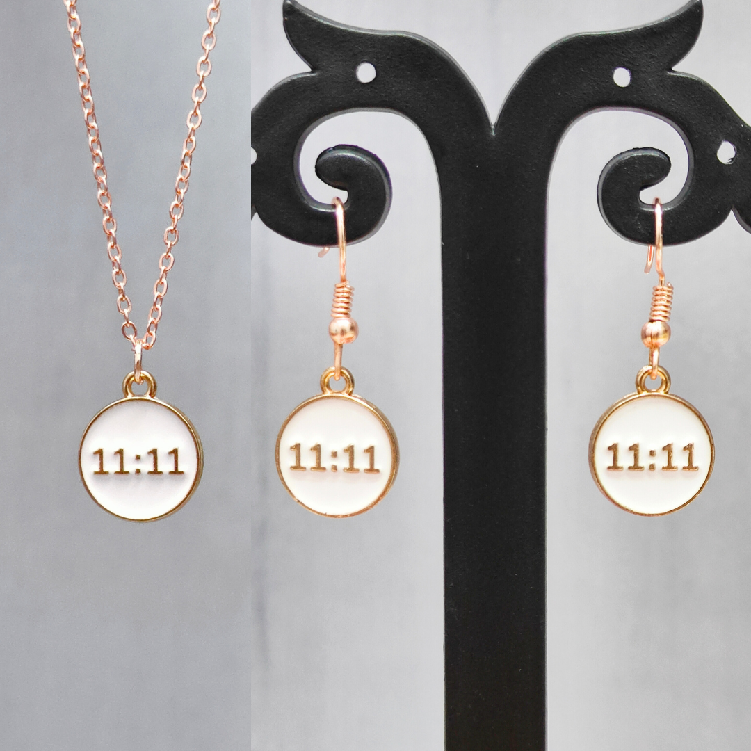 Manifest White 11:11 Coin Rose Golden Christmas Pendant Set (Necklace & Earrings)