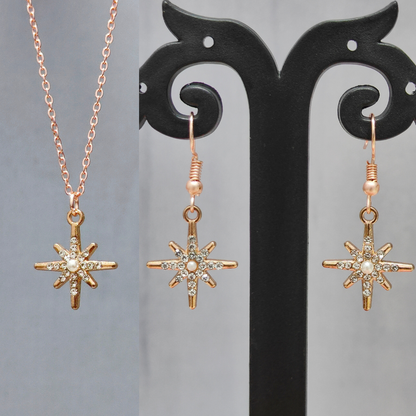 Studded Snowflake Rose Golden Christmas Pendant Set (Necklace & Earrings)