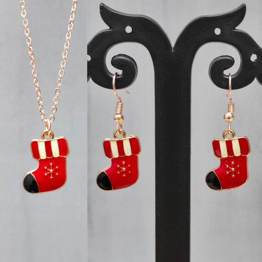 Snuggly Snowflake Sock Rose Golden Christmas Pendant Set (Necklace & Earrings)