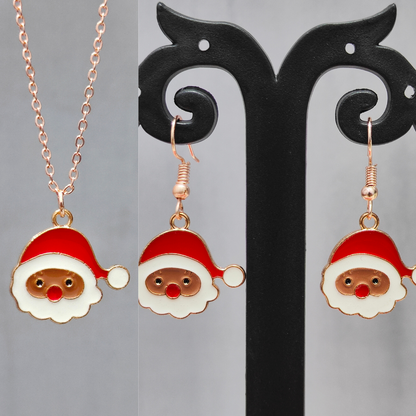 Cute Santa Face Rose Golden Christmas Pendant Set (Necklace & Earrings)