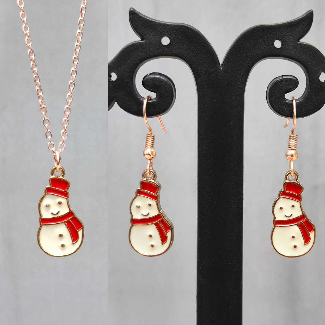 Mini Smiling Snowman Rose Golden Christmas Pendant Set (Necklace & Earrings)