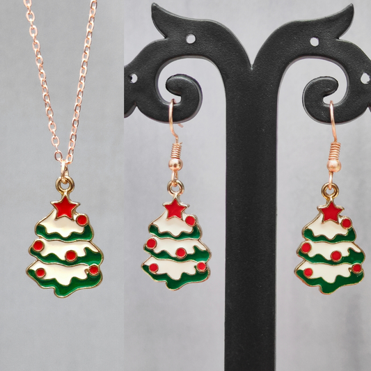 Snowy Xmas Tree Rose Golden Christmas Pendant Set (Necklace & Earrings)