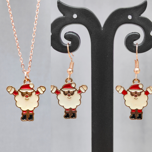 Cheering Santa Rose Golden Christmas Pendant Set (Necklace & Earrings)