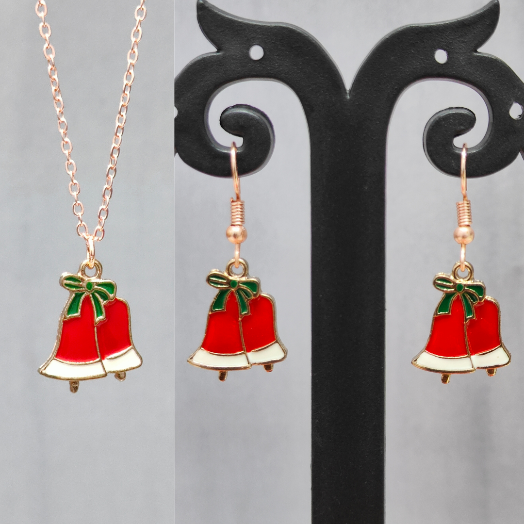 Double Jingle Bells Rose Golden Christmas Pendant Set (Necklace & Earrings)