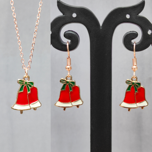 Double Jingle Bells Rose Golden Christmas Pendant Set (Necklace & Earrings)